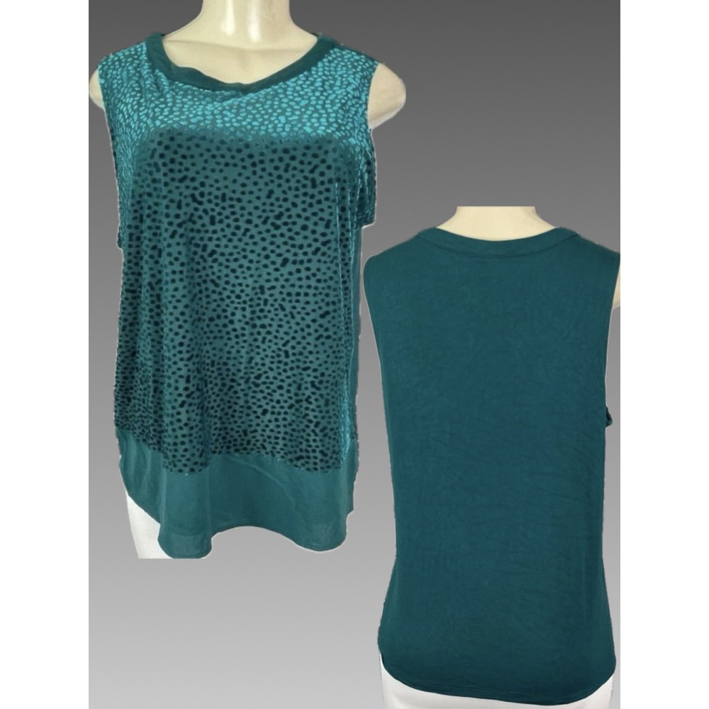 Apt. 9 L Teal Green Velvet Flocked Polka Dot Crew Front Lined Sleeveless Blouse